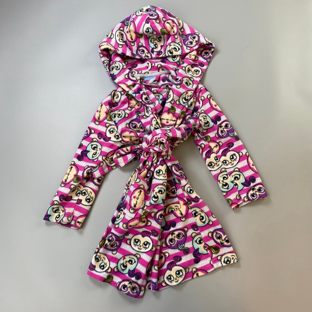 Fingerlings Robe Girls 4 Hooded Fleece Pink White Monkey Print Cartoon Kidcore